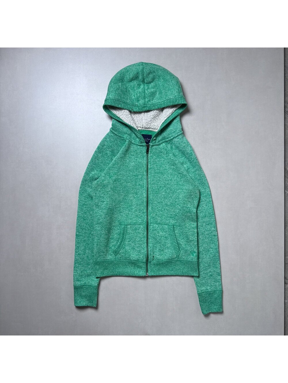 Y2K American Eagle 00s Green Sherpa Lined Zip Up Hoodie
